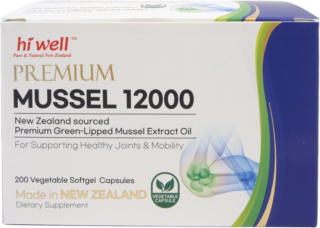 Hi Well Premium Nouvelle-Zélande Muselle à Lèvre Verte 12000 //200 Capsules Softgel//Source : Pristine New Zealand Waters(1)