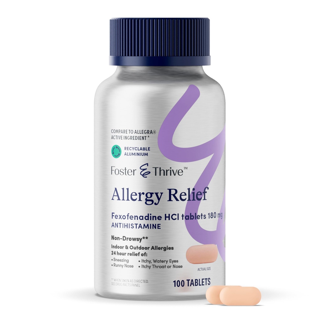 Foster & Thrive Fexofenadine HCl Non Drowsy Allergy Relief for Hay Fever, Pollen, Itchy Eyes et Allergies saisonnières, soutien efficace pour les enfants et les adultes, 180 mg, 100 comprimés