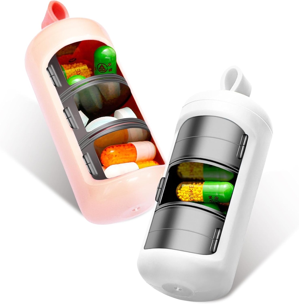 2 Pack 3 Compartment Small Pill Case, Mini Portable Pill Box - Travel Daily Medicine Pill Supplement Organizer, Vitamin Container (White+Pink)