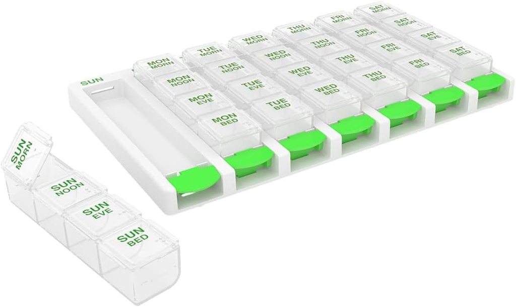 EZY DOSE Weekly (7 Day) 4 fois par jour Push Button Pill Organisateur et planificateur de vitamines, Pillboxes quotidiennes amovibles, vert, pratique et facile à utiliser, clair Lids, grand, sans BPA
