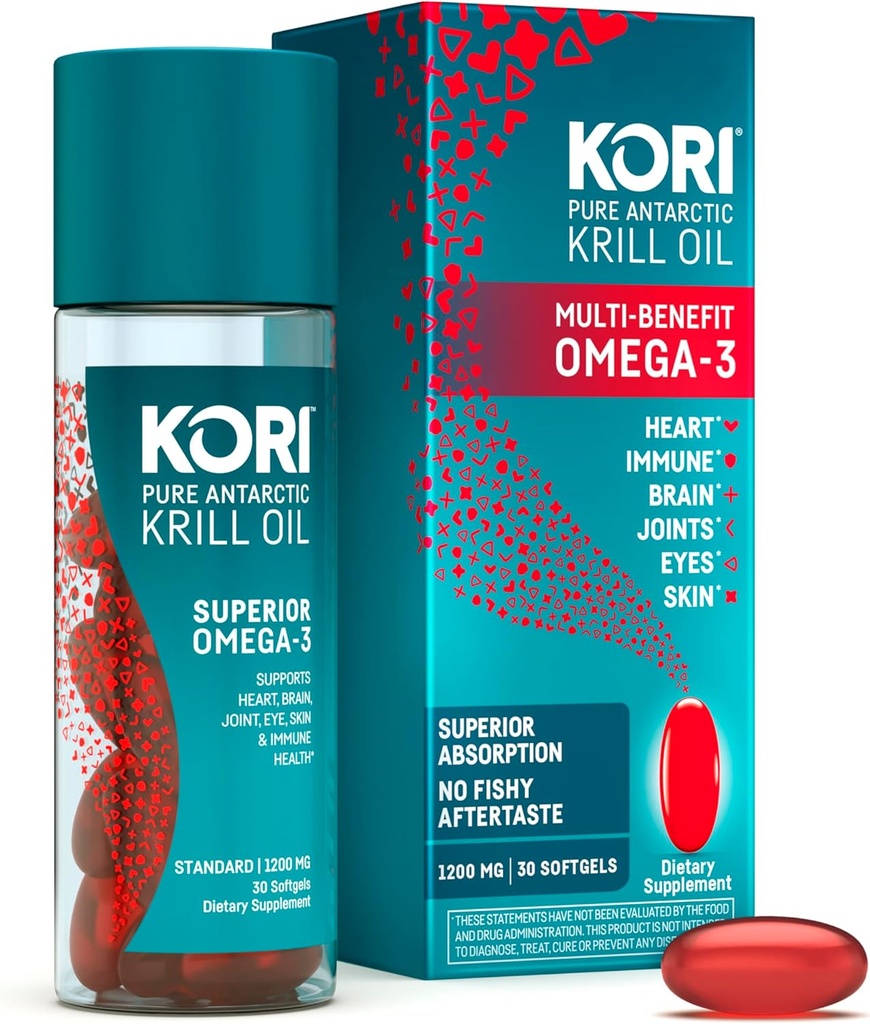 Kori Krill Oil Omega 3 Supplément, Antarctique Krill Oil avec absorption supérieure par rapport à l'huile de poisson, 1200mg Softgels, 30 Softgels, EPA & DHA