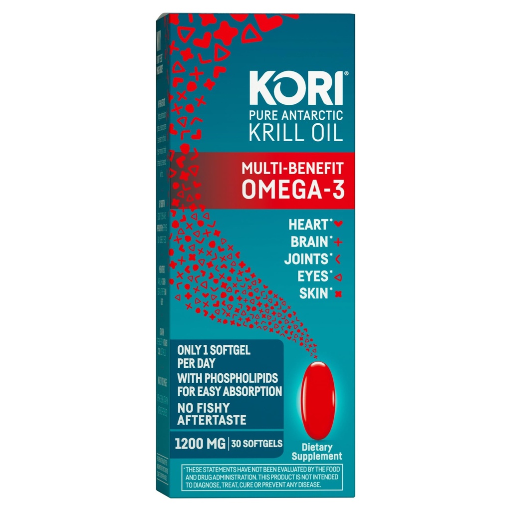 Kori Krill Oil Omega 3, huile de krill antarctique avec absorption supérieure par rapport à l'huile de poisson, 1200mg Softgels,EPA & DHA, 30 Softgels