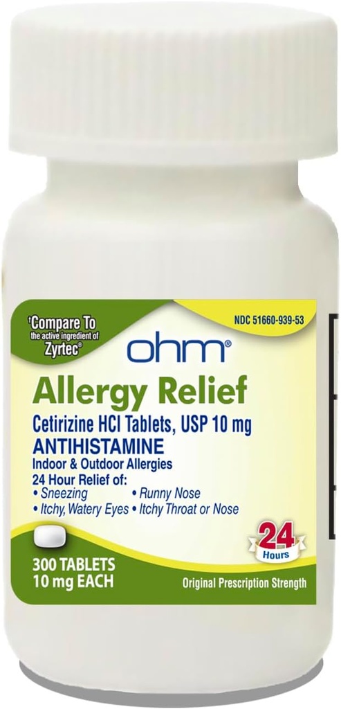 Ohm antihistaminique 24 heures Cétirizine HCl 10 mg Comprimés, 300 Compte – soulagement d'allergie toute la journée pour les yeux démangeaisons, le nez de runny, la fièvre de Hay, le pollen et les allergies intérieures et extérieures
