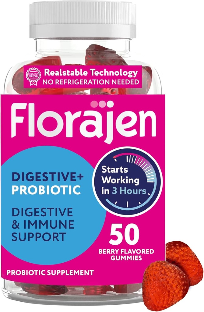 Florajen Organic Probiotic Gummies pour les femmes et les hommes - Gut Health & Immune Support Supplément - Constipation & Bloating Relief - 50 Gummies