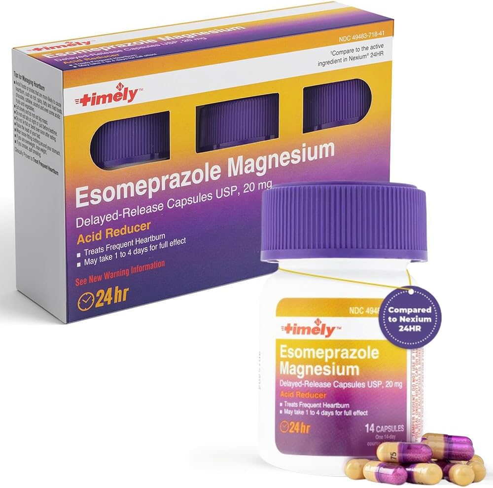 Timely Esomeprazole Magnésium 20mg pilules antiacides - Réducteur d'acide stomach, remède de soulagement des brûlures d'estomac et de reflux acide fréquent - 24 heures Esomeprazole Capsules de libération retardée - 42 Compte