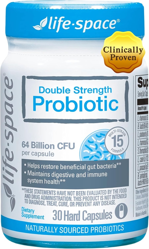 Life-Space Double Strength Large Spectrum Probiotic, 64 milliards d'UCF et 15 différentes souches, redoublement formulé pour la santé digestive et immunitaire, probiotiques pour les femmes et les hommes - 30 gélules
