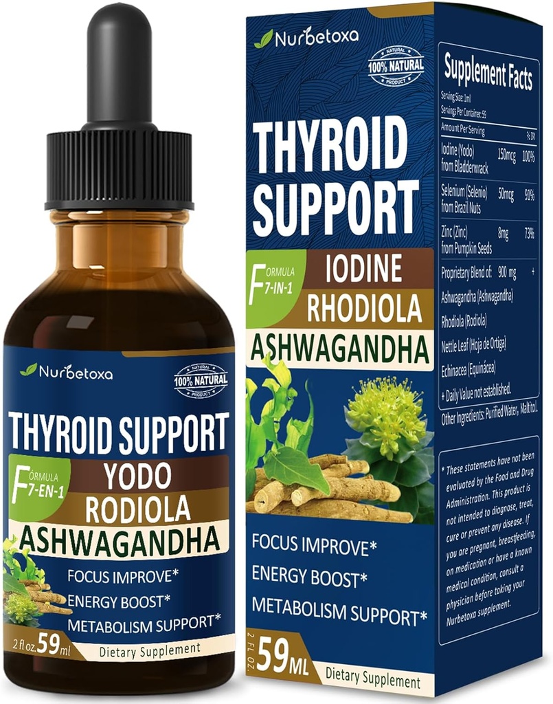 Drops de soutien thyroïde - Supplément d'iode liquide, Gotas de YODO y Selenio para Tiroides, Con Rodiola Semenovii y Ortiga, Fight Brain Fog w/Ashwagandha & Rhodiola Extrait Teinture.2 oz