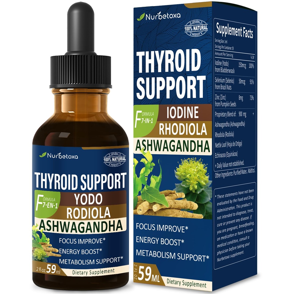 Drops de soutien thyroïde - Supplément d'iode liquide, Gotas de YODO y Selenio para Tiroides, Con Rodiola Semenovii y Ortiga, Fight Brain Fog w/Ashwagandha & Rhodiola Extrait Teinture.2 oz