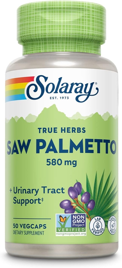 Solaray Saw Palmetto Berry 580 mg, soutien de la prostate et du piège urinaire des acides gras et des stérols végétaux pour les hommes et les femmes, non OGM, végétalien et laboratoire vérifié, 50 VegCaps, 50 portions