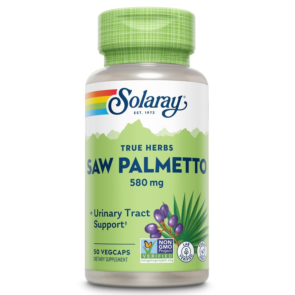 Solaray Saw Palmetto Berry 580 mg, soutien de la prostate et du piège urinaire des acides gras et des stérols végétaux pour les hommes et les femmes, non OGM, végétalien et laboratoire vérifié, 50 VegCaps, 50 portions