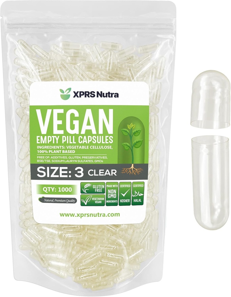 XPRS Nutra Size 3 Capsules vides - 1000 Compte Capsules vides de végétalien - Pilules végétariennes - Garniture de capsules végétales - Caps de pilules végétatives