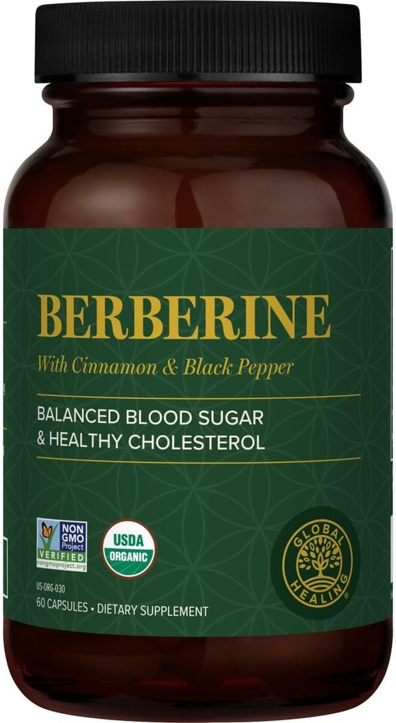 Global Healing Center - Berbérine biologique (Berberina) avec Ceylan Cinnamon & Black Pepper, 1200 mg- Supplément Berbérine extra-fort et complexe pour perte de poids (60 capsules)