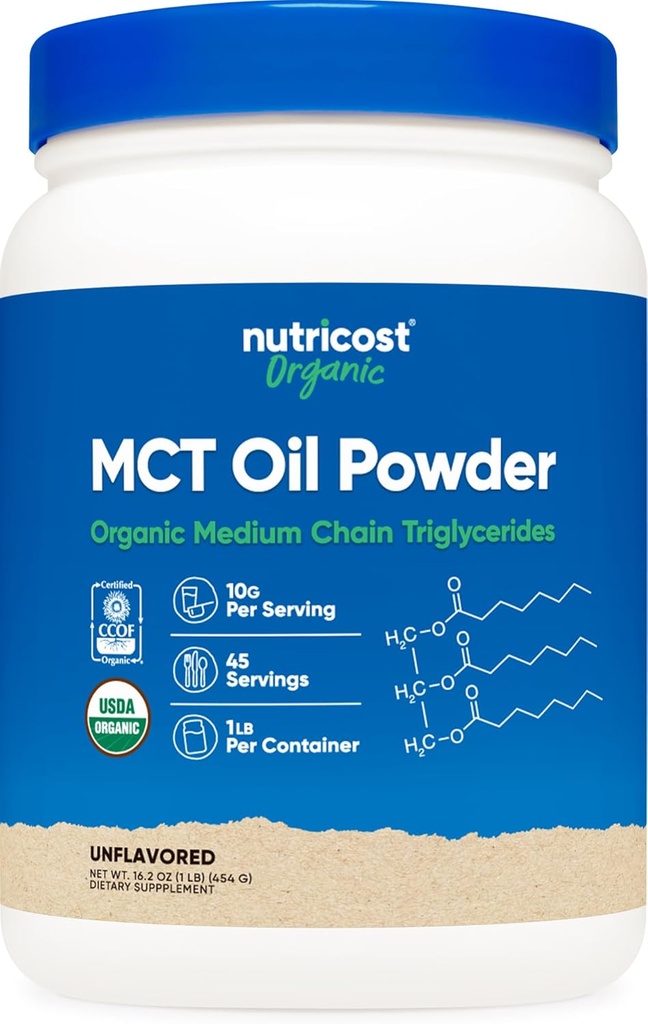 Nutricost en poudre d'huile MCT biologique 1 LB - certifié USDA biologique, idéal pour les régimes kéto, kétose et cétogénique - Zéro glucides nets (triglycéride à chaîne moyenne)