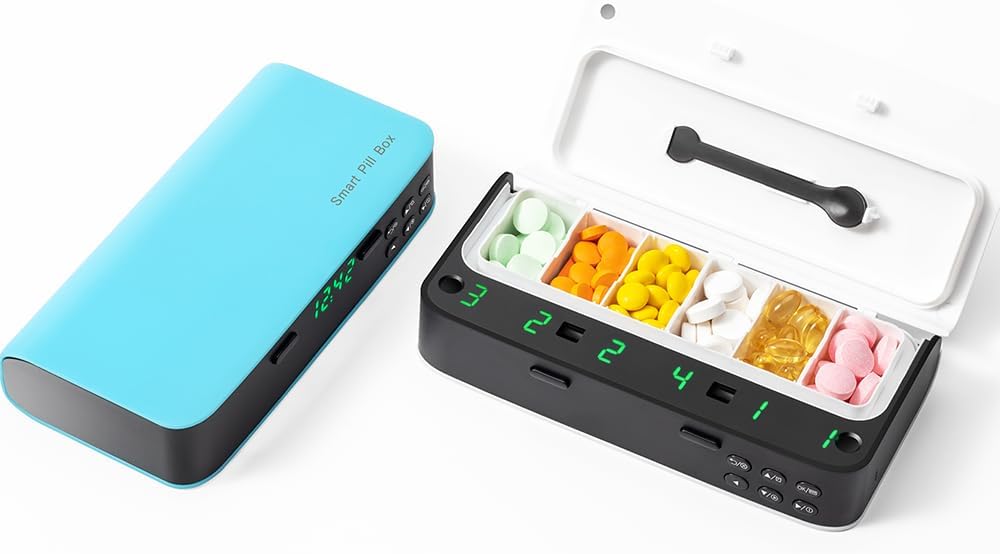 Distributeur de pilules avec alarme, organisateur de pilules de médecine quotidienne avec jusqu'à 7 alarmes par jour, boîte à pilules intelligentes 6 compartiments, rappel de pilule cadeau d'action de Noël pour personnes âgées (bleu)