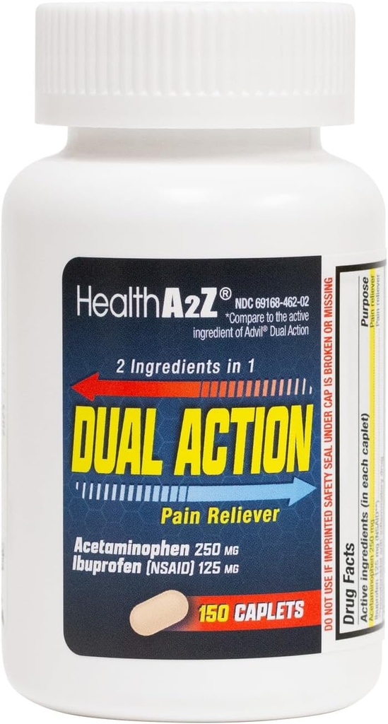 HealthA2Z® Dual Action Pain Relief | Acetaminophen 250mg & Ibuprofen (NSAID) 125mg | Contains Two Medicines | Relief from Headache, Fever & Backache (150 Caplets)