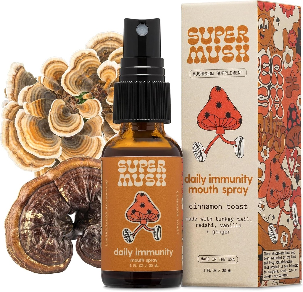 SuperMush quotidien Immunity Spray de bouche biologique - Suppléments de pulvérisation d'immunité de champignons - Turkey Tail & Reishi Extrait de champignons mixtes - Immune & Digestive Health Support - 30ml Pure & Organic Turkey Tail