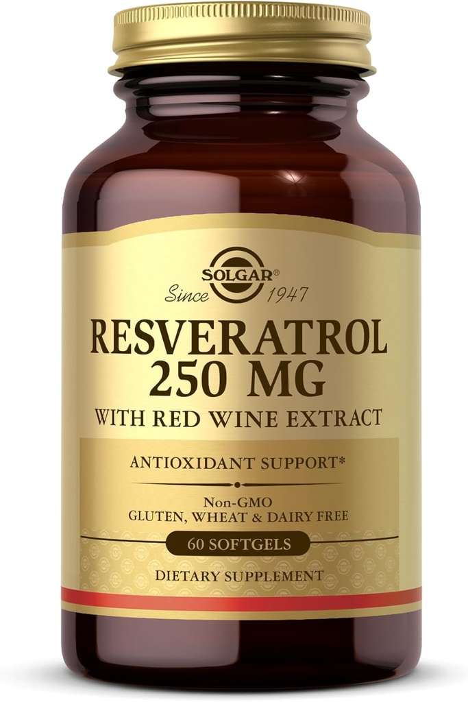Solgar Resvératrol 250 mg avec extrait de vin rouge - 60 softgels - Support antioxydant - Non-OGM, sans gluten, sans lait - 60 portions