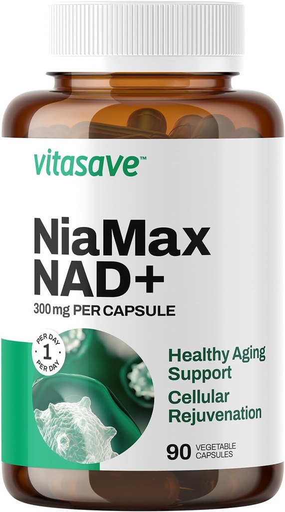 Supplément Vitasave NiaMax NAD+ – 300mg Niacinamide Riboside par gélule – Précurseur NAD+ haute puissance pour l'énergie, le vieillissement en santé et la fonction métabolique – végétalien, non-OGM, sans gluten (90 capsules)