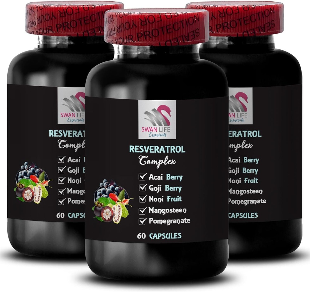 Superaliments pour baies - RESVERATROL COMLEX - Antioxydants puissants, énergie quotidienne, énergie de baies d'açai, ingrédients naturels, bouclier antioxydant, énergie saveur, Goji Berry Power 3 bouteilles 180 capsules