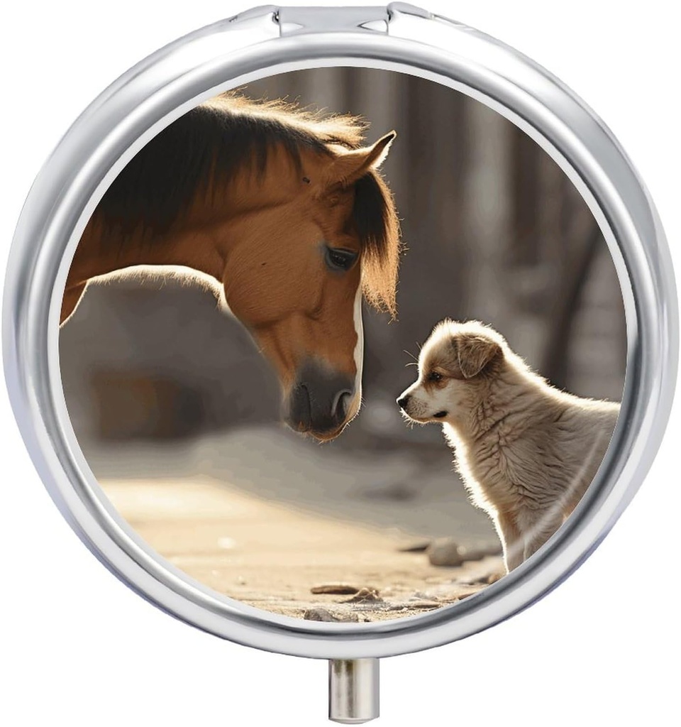 Mignon chien et cheval imprimé boîte à pilules petite coque à pilules pour la Purse & Pocket 3 compartiments de voyage boîtes à pilules ronde en métal petit organisateur de pilules pour tenir vitamines, médicaments, huile de poisson et suppléments