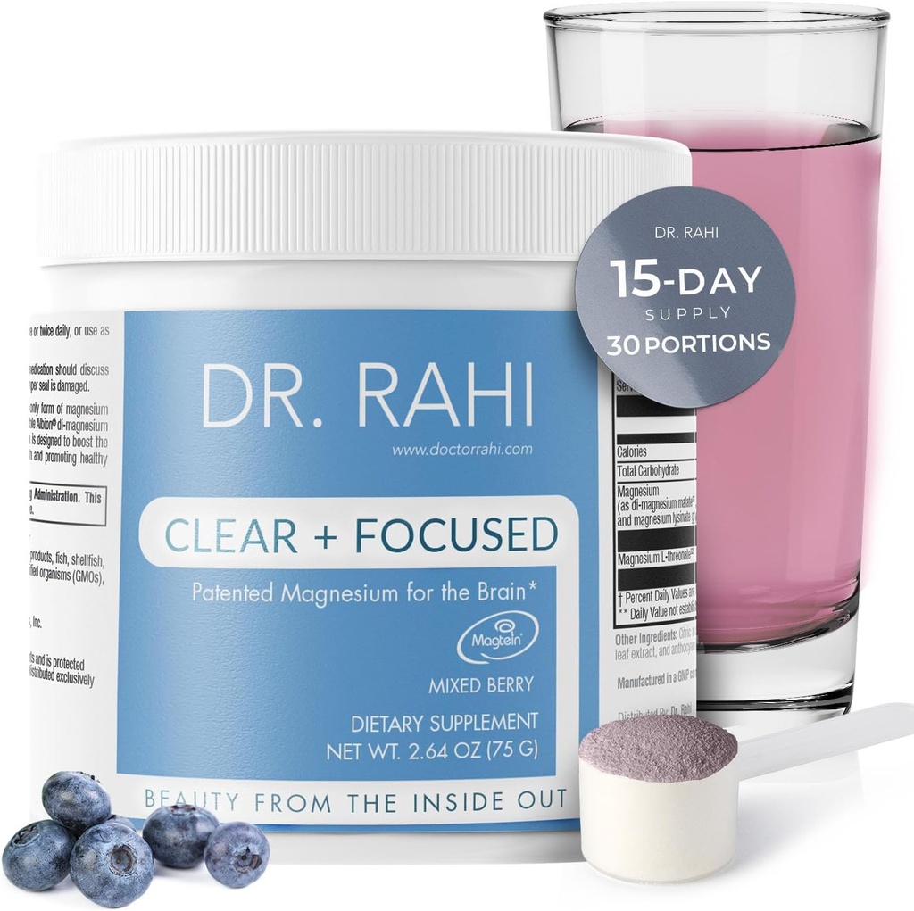 Supplément en poudre de magnésium fabriqué aux États-Unis MixteBerry 75g, Magnésium L-Thréonate Poudre pour le sommeil, Soutien du cerveau, Non-OGM Facile à mélanger Supplément en poudre de magnésium pour adultes-clair et focalisé par Dr Rahi
