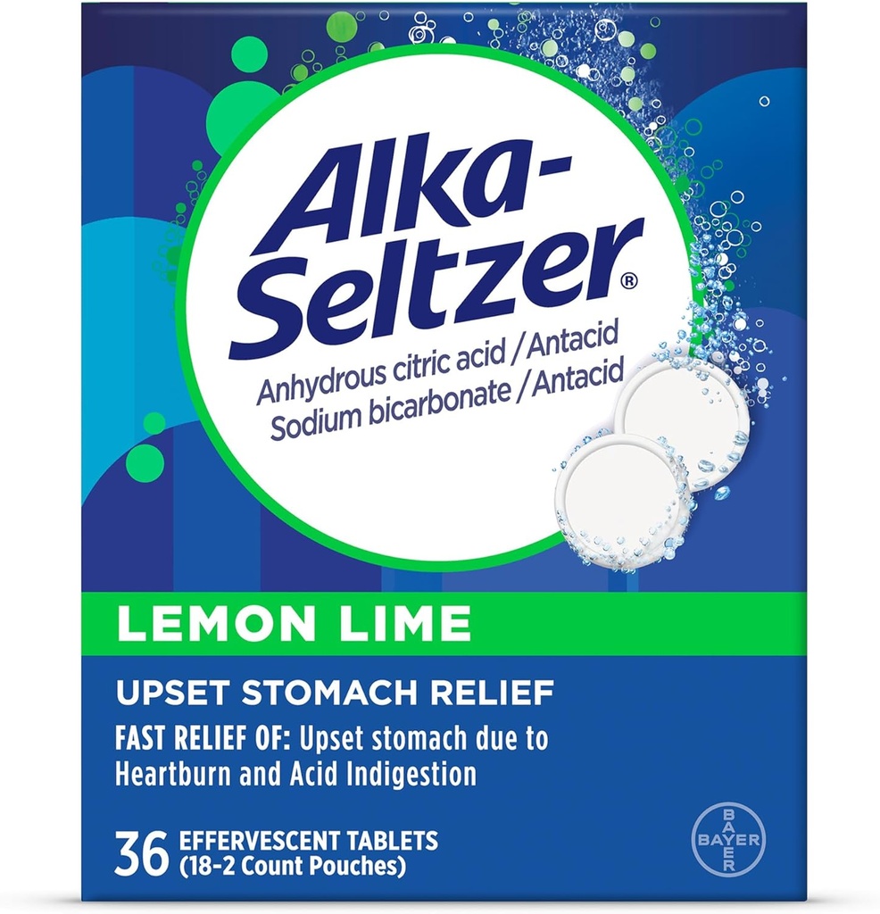 Alka-Seltzer Citron Lime Heartburn Comprimés de Relief, Relief rapide de l'indigestion acide, Antiacide au citron Lime Saveur 36 Ct