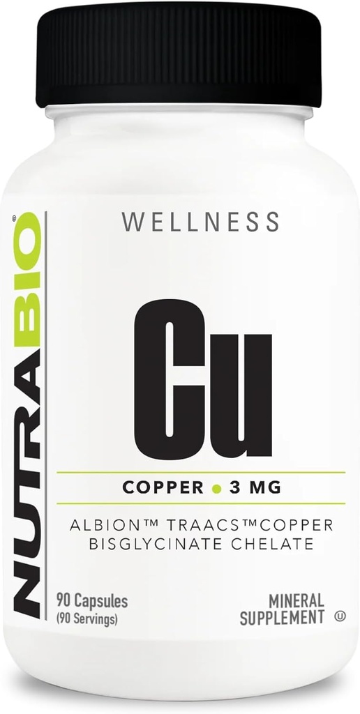 NutraBio Chelated Copper Bisglycinate Supplement (3mg), Immune Support - Copper Supplement- 90 Capsules