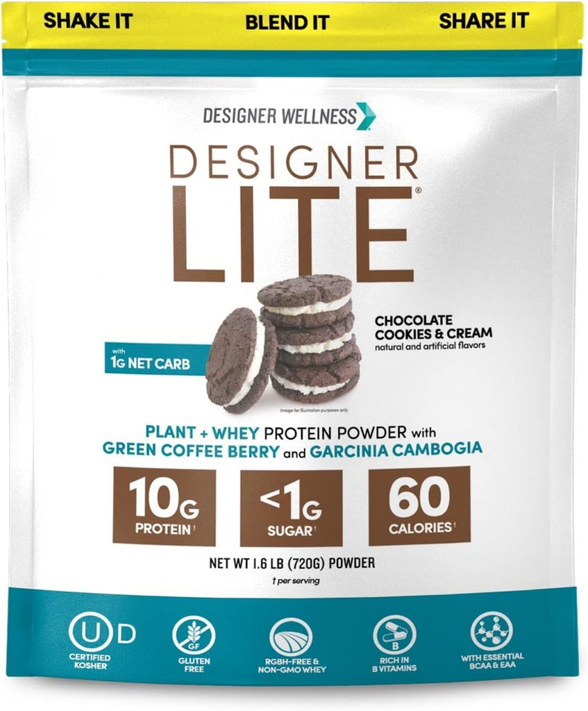 Designer Wellness, Designer Lite, Protéines naturelles à faible teneur en calories, Fibre prébiotique, Vitamines et minéraux clés, Chocolat Cookies et crème, 25.6 Onces