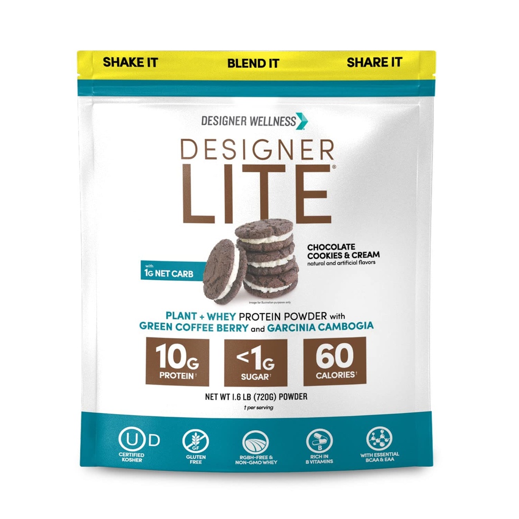 Designer Wellness, Designer Lite, Protéines naturelles à faible teneur en calories, Fibre prébiotique, Vitamines et minéraux clés, Chocolat Cookies et crème, 25.6 Onces