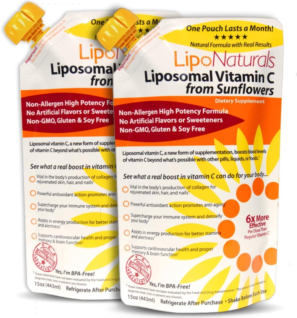 Lipo Naturals Vitamine liposomique C 1000mg Liquide (2-Pack 60 doses) - Formule naturelle Immunité + support énergétique - Vegan, sans Chine (15oz / 443ml ea.)