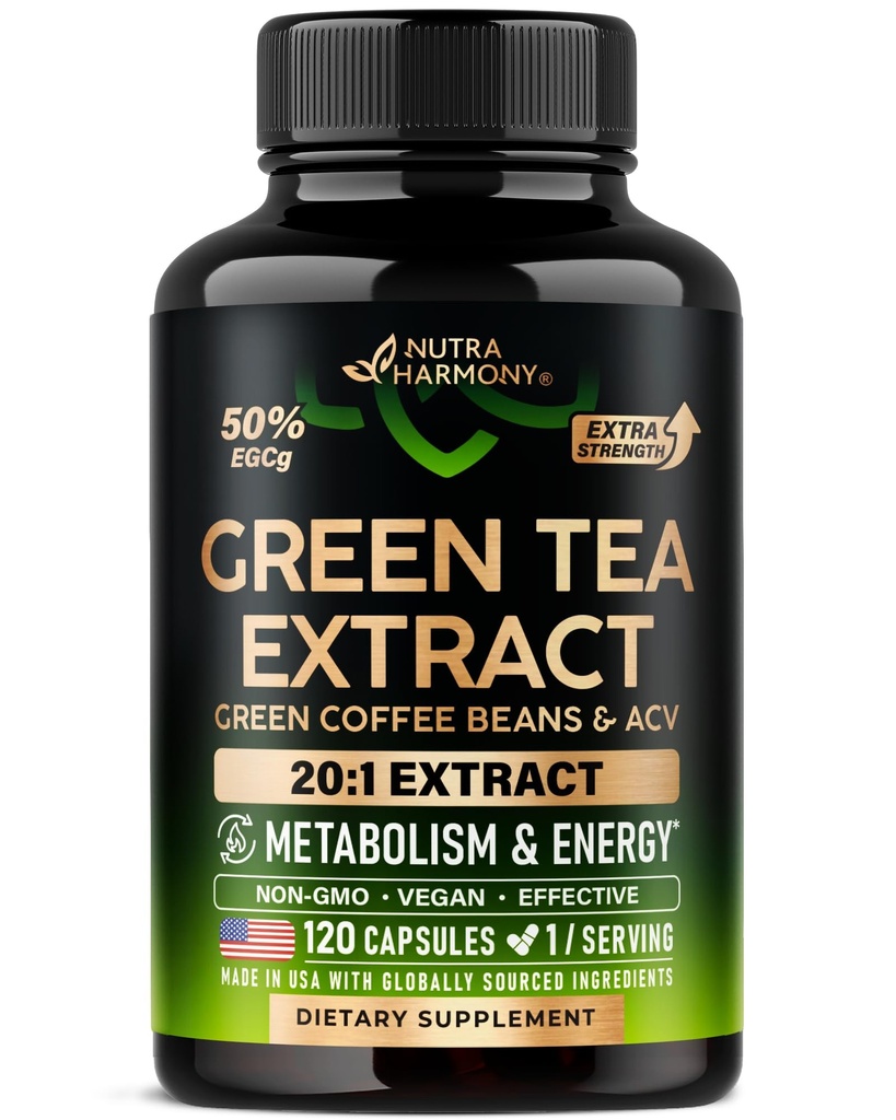 Capsules d'extrait de thé vert avec haricots verts et vinaigre de cidre de pomme - Soutien énergétique et métabolique - Supplément de thé vert 50% EGCG - 20:1 Extrait naturel - pour les hommes et les femmes - 120 Capsules végétaliennes