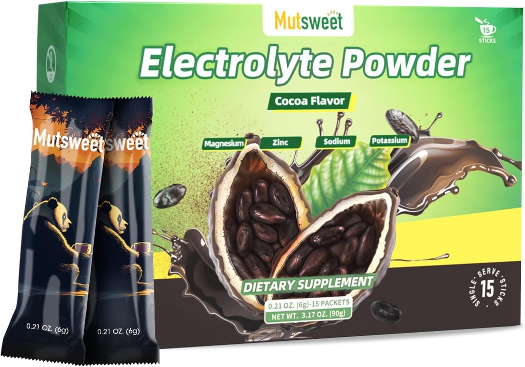 Hydrate Electrolytes Powder Packets, Electrolytes Powder No Sugar Electrolytes Drink Mix avec 4 Electrolytes, Vegan, Non-OGM - 15 bâtonnets - Cocoa Flavor