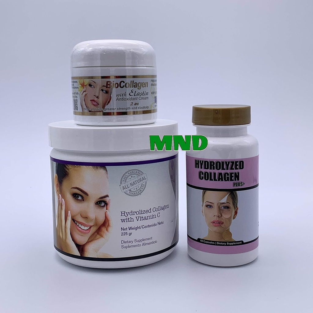 BIO HYDROLIZED Collagen Plus Vitamin C Powder Healthy Hair Pills Elastin Cream