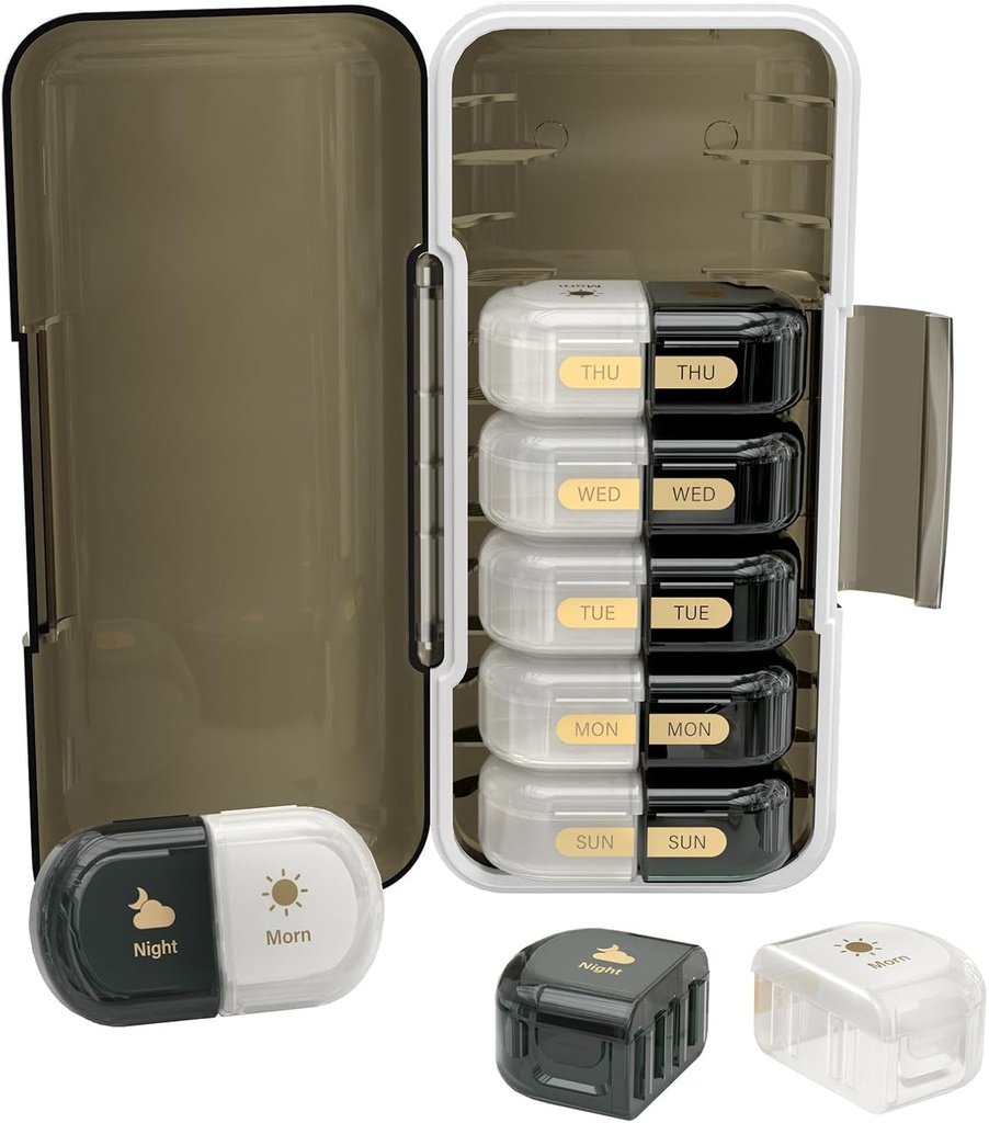 Organisateur de pilules hebdomadaires 2 fois par jour, Humidité-Proof, Compartiments amovibles, AM PM Pill Box 2X 7 Jour, Organisateur de pilules pour pilules/huile de poisson/médication/vitamine/Supplements (noir + blanc)