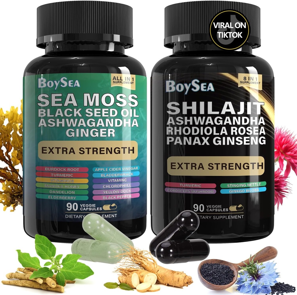 Garçon. Shilajit and Sea Moss Bundle- 90 Compte - Moss, huile de graines noires, Ashwagandha, Ginger & Shilajit, Rhodiola Rosea, Tous en 1 Suppléments (1 Pc)