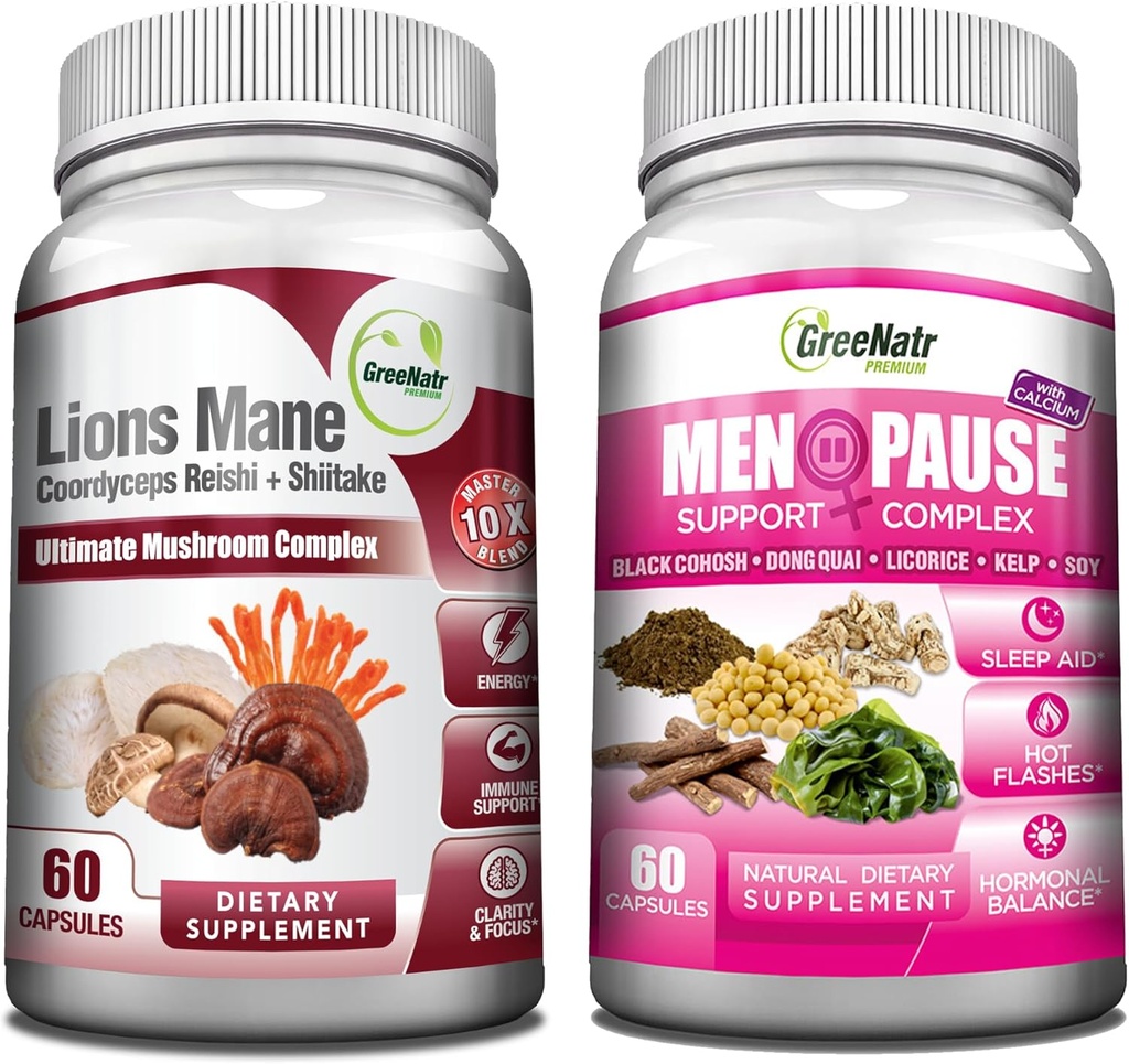 GreeNatr Energy Boost Plus Menopause Support Bundle: Our Mushroom Supplement Provides a Natural Energy Boost, Promoting sustained Vitality + Herbal Menopause Complex for Hot Flashes, Night Sweats