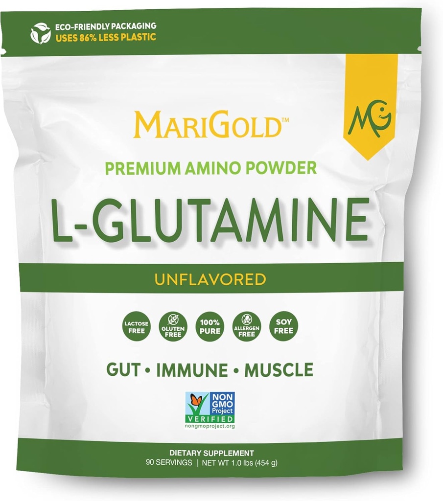 Poudre de L-Glutamine non aromatisée de MariGold - Gut, Immune et soutien musculaire sains, sans OGM, sans gluten, sans soja et sans allergène (5g / 5000mg par portion)