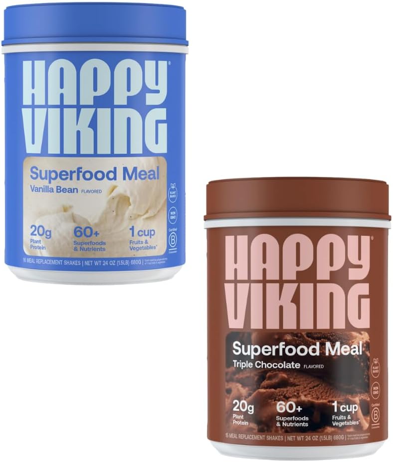Happy Viking Vanilla and Chocolate Protein Powder, de Venus Williams, 20G Protein, Low Carb, Keto, Vegan, Sans gluten, Superfoods, Remplacement complet des repas, 2 conteneurs (24 oz. Chacun)