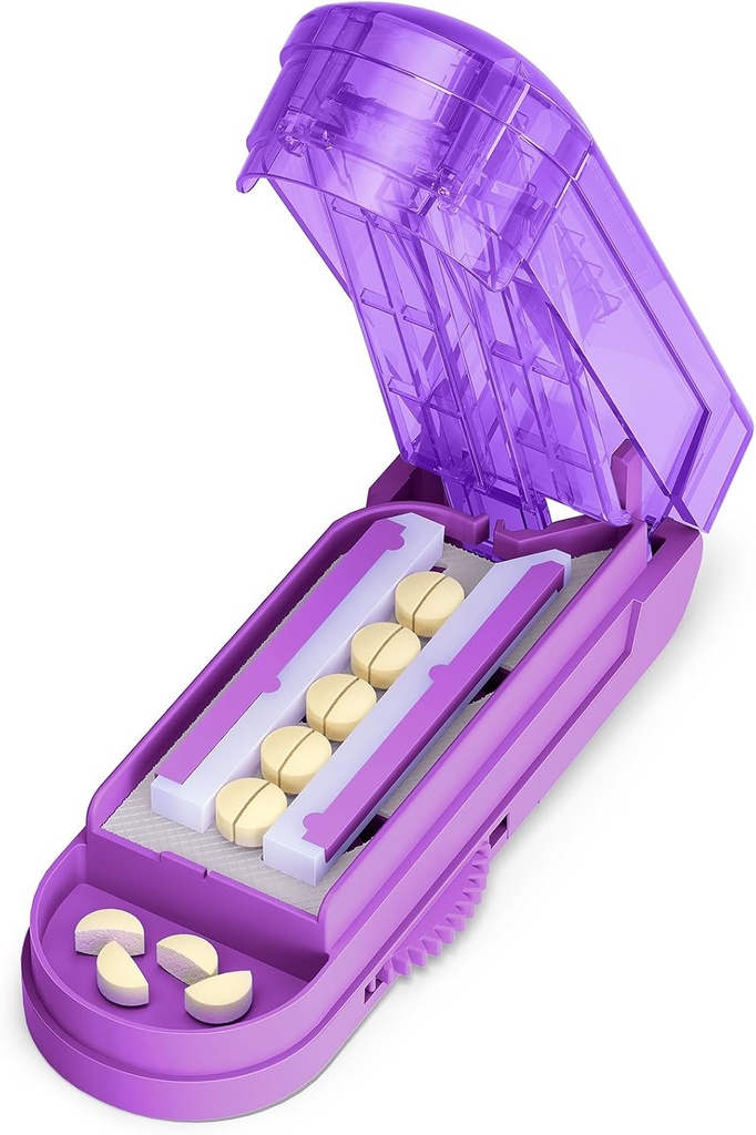 ONE PIX Pill Cutter Splitter pour les petites et petites pilules, coupe de pilules multiples à la fois en une moitié avec lame d'acier inoxydable pointu cachée, violet