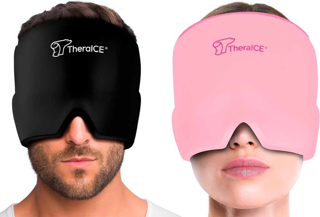 TheraICE Embout de soulagement de la migraine, produits apaisants pour masque de calotte glacée, chapeau de gel de refroidissement, tête de compression visage froid pour tension, stress et gueule de bois
