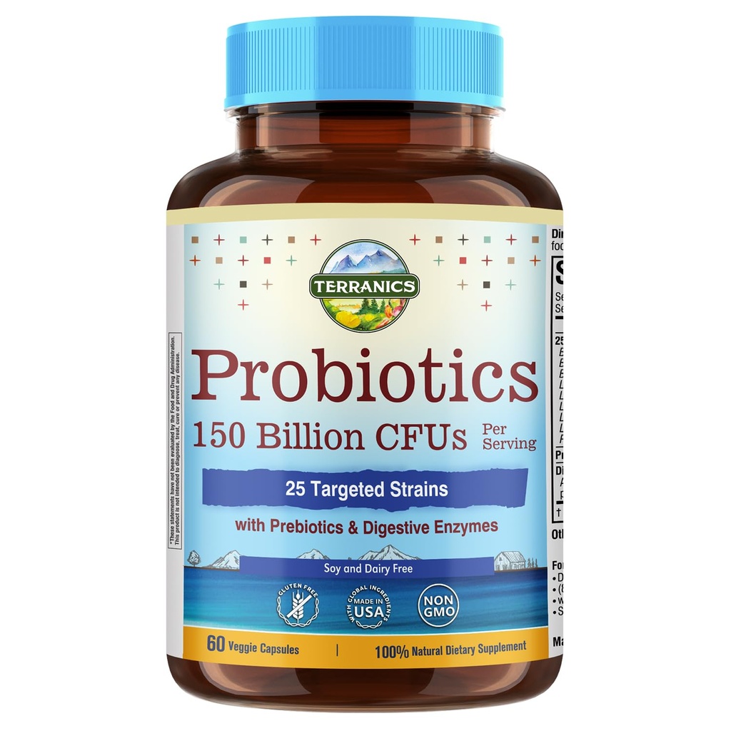 Terranics Probiotiques quotidiens pour les hommes et les femmes, 150 milliards 25 souches Soins des colonies Probiotiques, avec prébiotiques et enzymes, régularité saine, libération retardée, plateau stable, 60 capsules de légumes