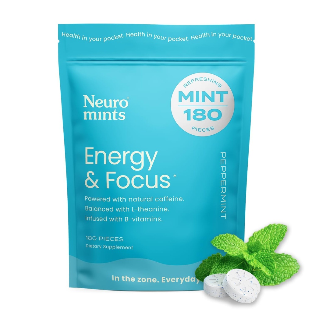 NeuroGum Energy Monnaies de caféine (180 pièces) - Sans sucre avec L-théanine + Caféine naturelle + Vitamine B12 & B6 - Nootropic Energy & Focus Supplément pour les femmes et les hommes - Keto & Vegan, Peppermint Flavor