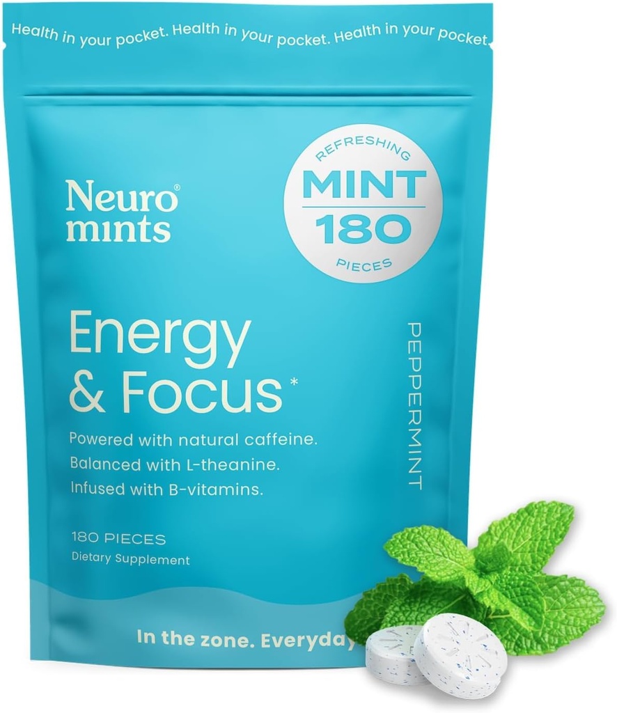 NeuroGum Energy Monnaies de caféine (180 pièces) - Sans sucre avec L-théanine + Caféine naturelle + Vitamine B12 & B6 - Nootropic Energy & Focus Supplément pour les femmes et les hommes - Keto & Vegan, Peppermint Flavor