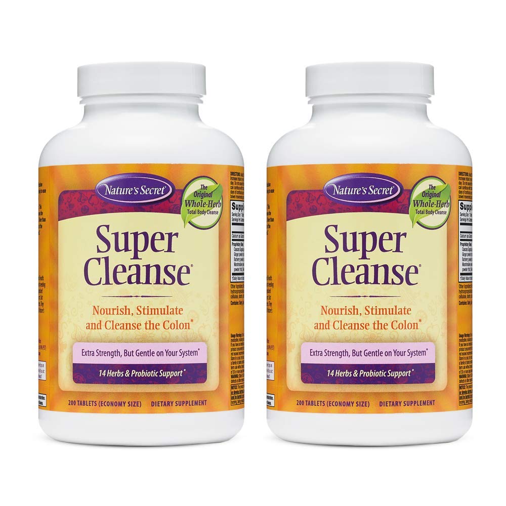 Nature Secret Super Cleanse Extra Strength Toxin Detox & Gentle Elimination Body Cleanse, Digestive & Colon Health Support - Stimuler le mélange de 14 herbes avec des probiotiques - 200 comprimés (paquet de 2)