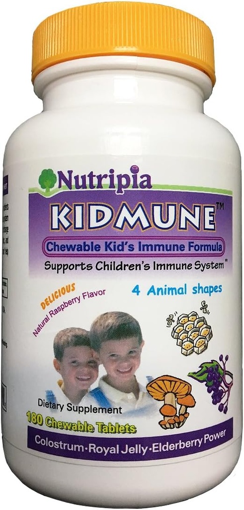 Kidmune Kids Immune Booster - 180 Mini Tables à croquer avec Elderberry, Colostrum, Propolis, Beta Glucan, Astragalus, Vitamine C, D, Zinc - Fun 4 formes animales!