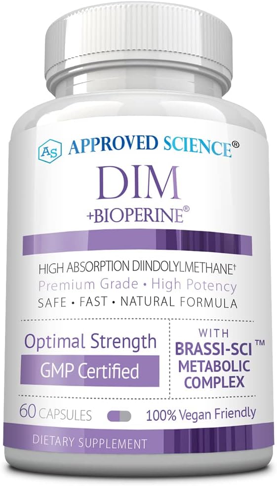 Sciences approuvées DIM - Soutien au métabolisme des estrogènes - DIM, Sprout brocoli, Graine de moutarde, Calcium D, BioPerine - Vegan - 1 bouteille - 60 capsules