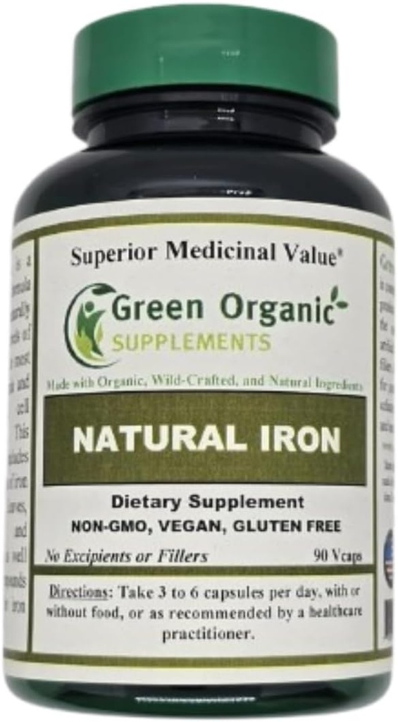 (Pack de 1) Fer de suppléments biologiques verts, 2000mg Capsules de fer biologiques, 90, faites à la main, végétalien, non OGM, et sans gluten Capsules de fer naturelles