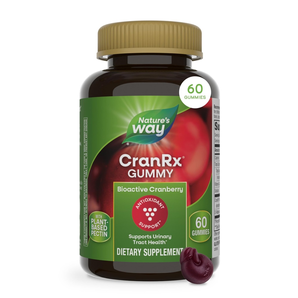 Nature's Way CranRx Gummies de canneberges, soutien de la santé du piège urinaire*, 100 % de fruits entiers de canneberges concentré avec D-Mannose, vitamine C, 60 Gummies (paquetage May Vary)