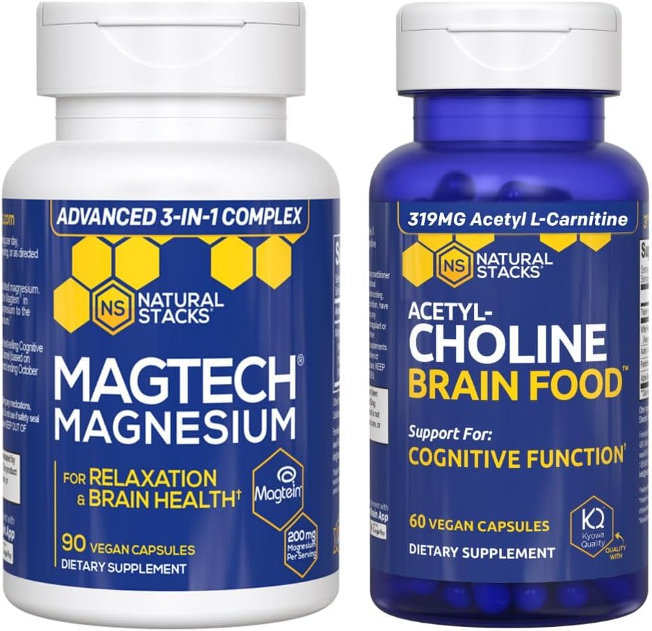 Stacks naturels Magtech Magnésium + acétylcholine Bundle alimentaire Cerveau - soutient la santé cérébrale, la relaxation et la fonction cognitive* - 150 Capsules totales