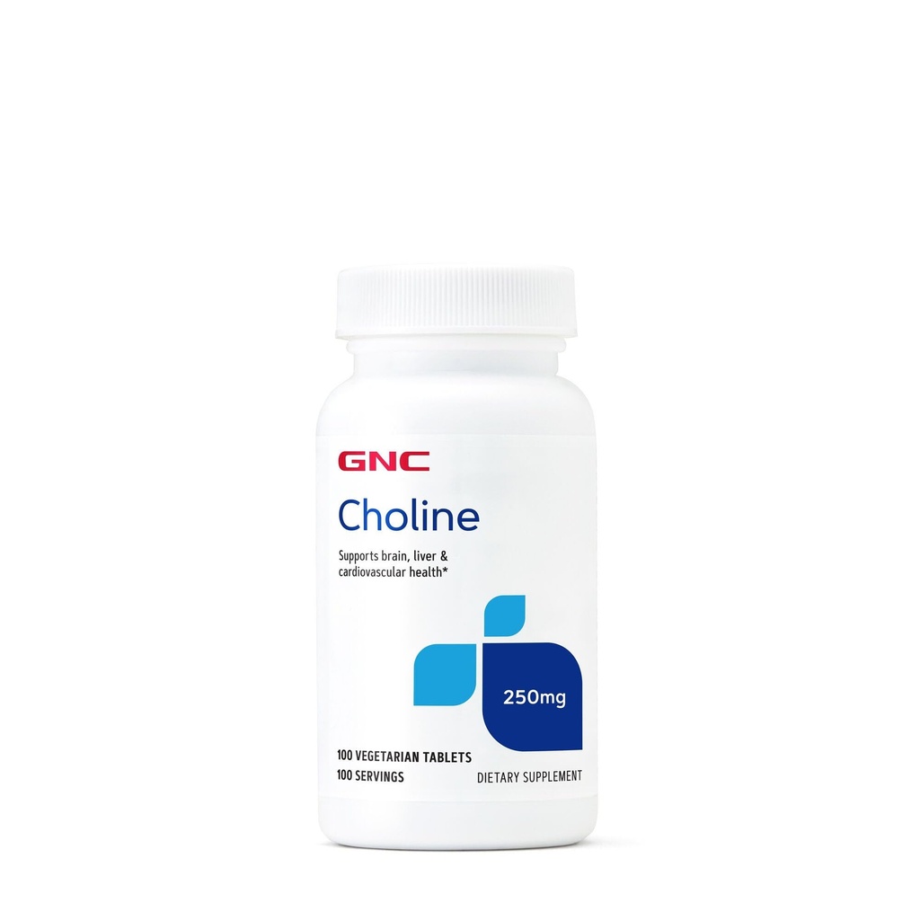 GNC Choline 250mg.com soutient le cerveau, le foie et la santé cardiovasculaire.
